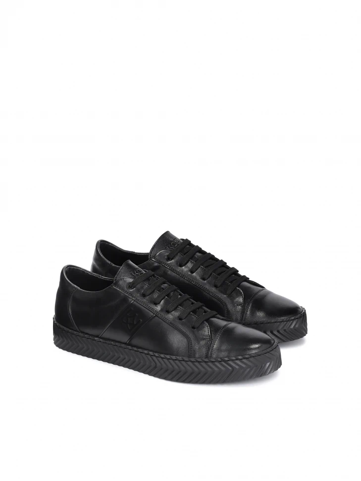 Kazar Men's Black Leather Sneakers On A Perforated Sole