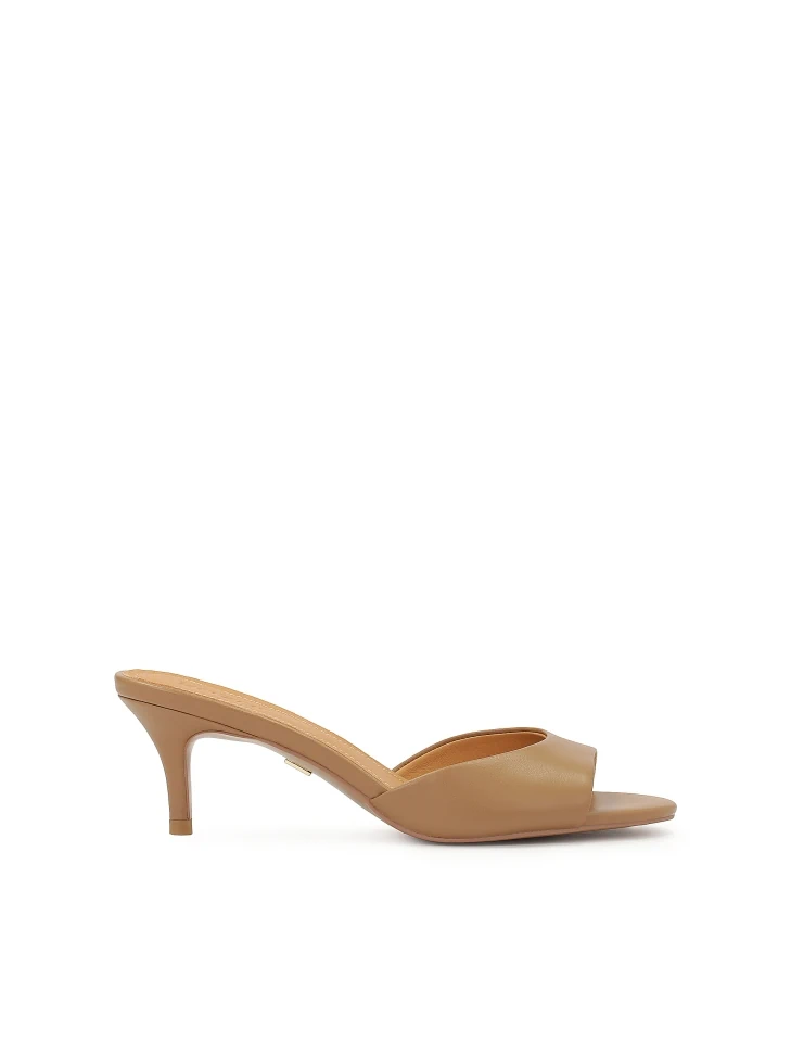kazar Mules on a low stiletto heel in a light brown color