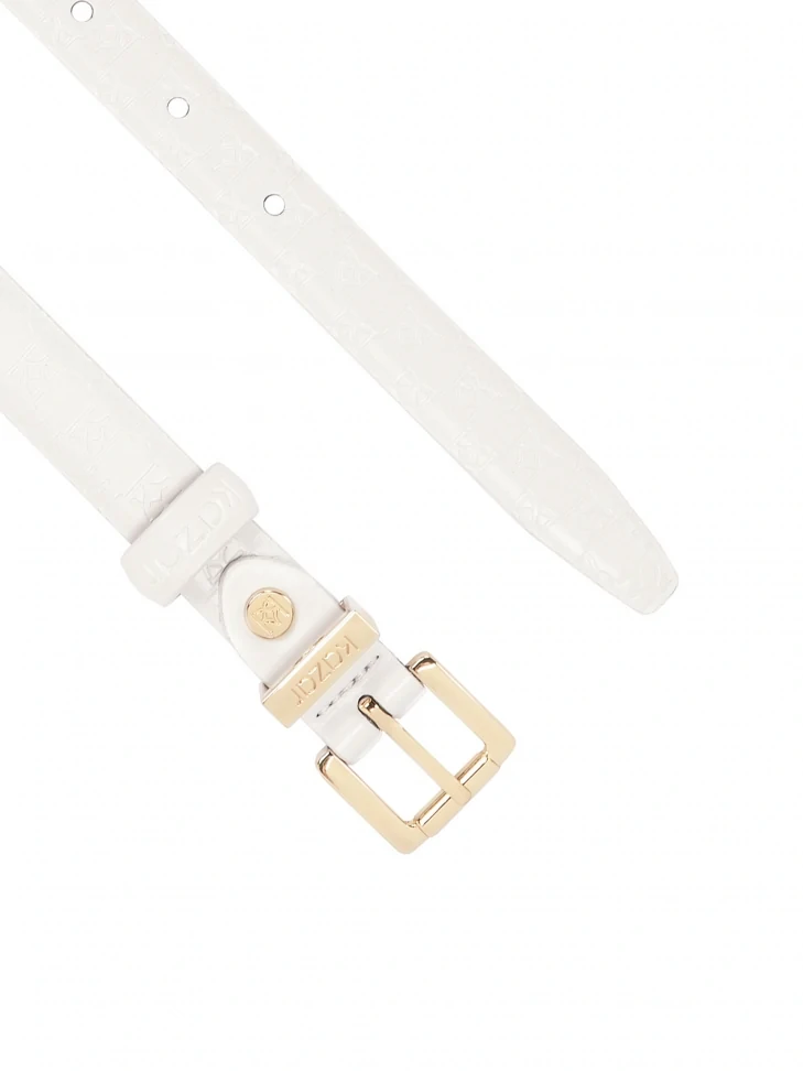 Kazar Narrow White Belt With Embossed KAZAR Monograms