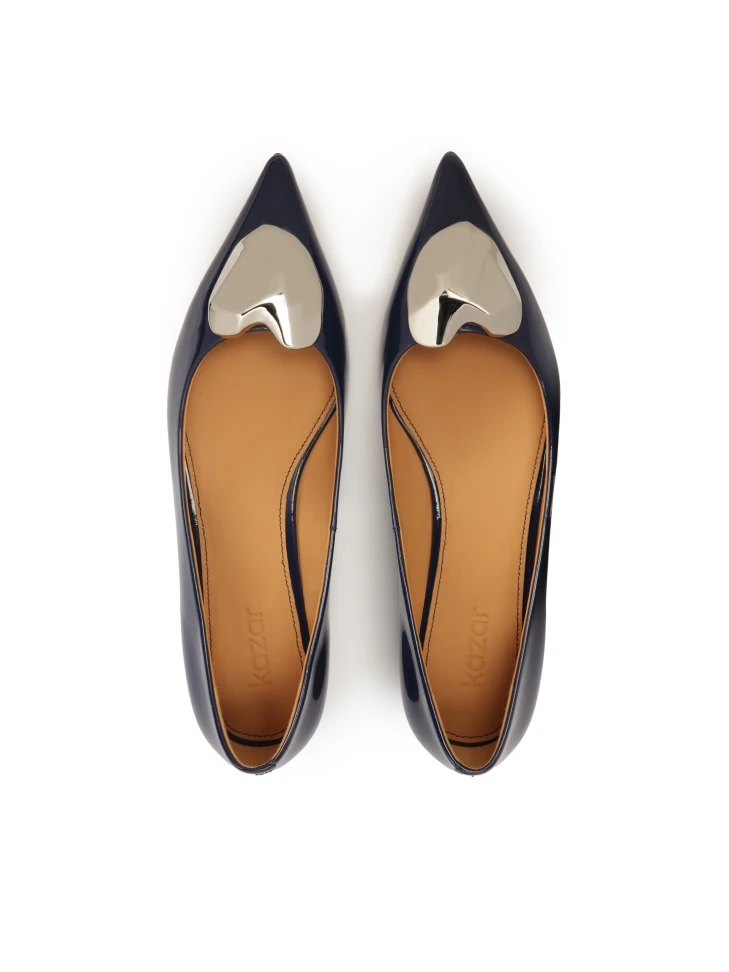 Kazar Navy Blue Flat Pumps With Large Embellishment
