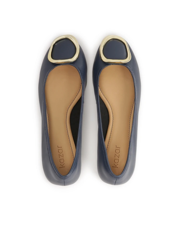 Kazar Navy Blue Leather Ballerinas With Metal Accents