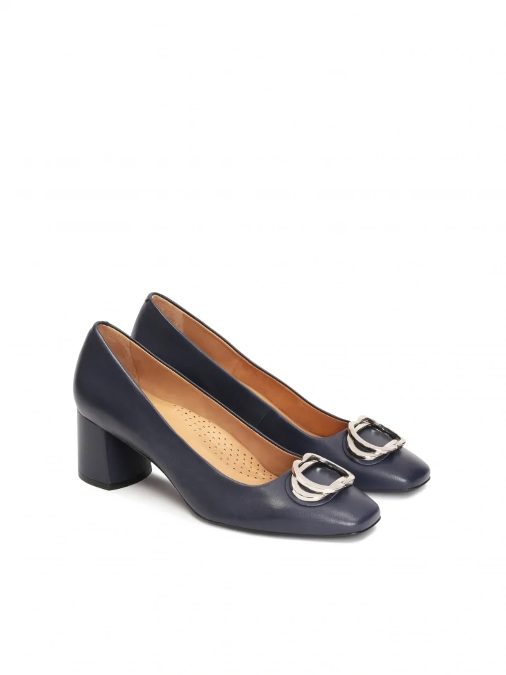 Kazar Navy Blue Leather Pumps With Metal Embellishments