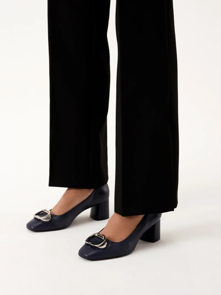 Kazar Navy Blue Leather Pumps With Metal Embellishments