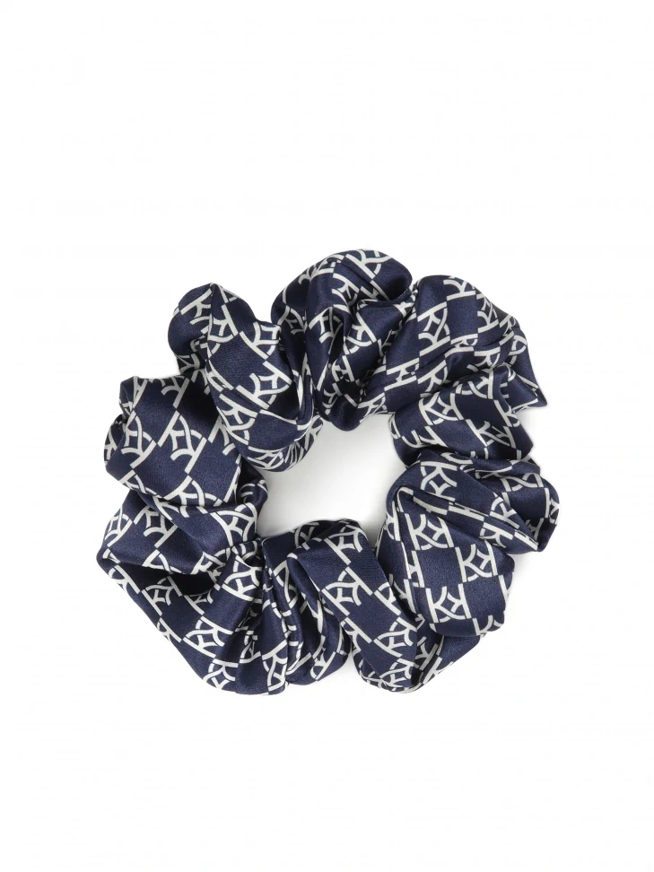 kazar Navy blue scrunchie rubber band with white monograms