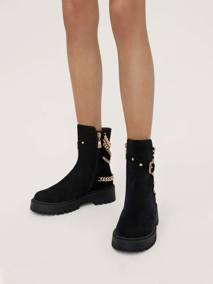 Kazar Nubuck Flat Ankle Boots With A Zipper Decorated With Chains