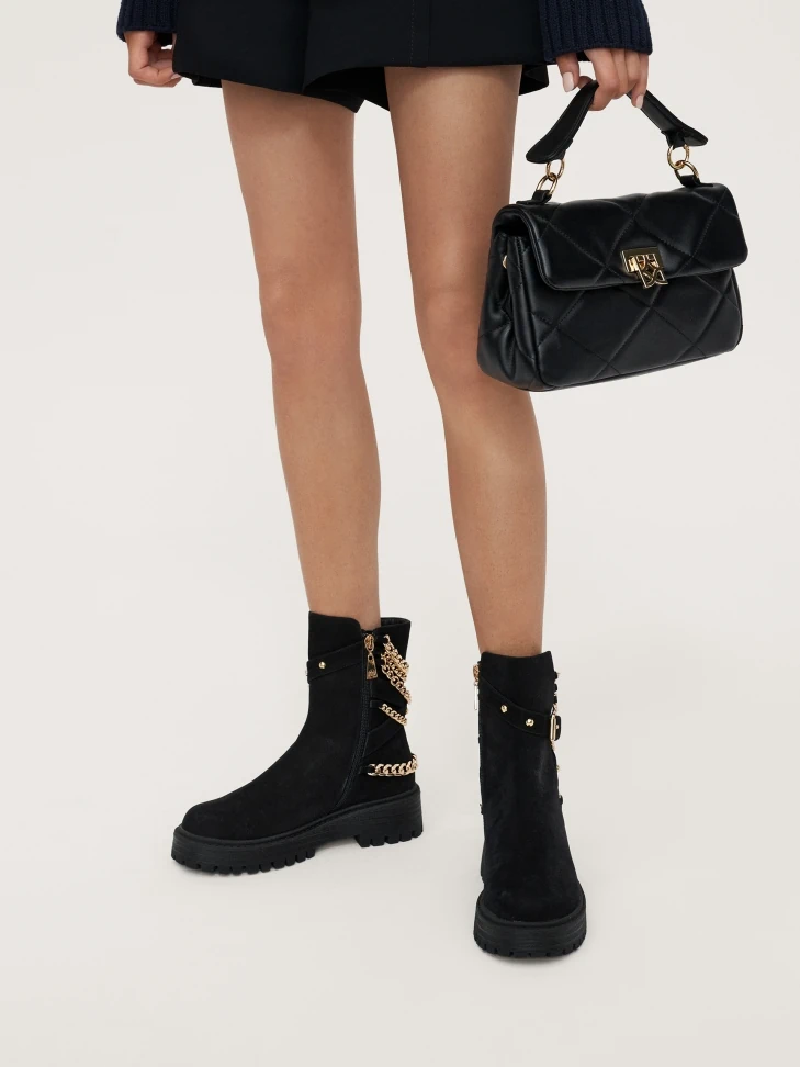 Kazar Nubuck Flat Ankle Boots With A Zipper Decorated With Chains