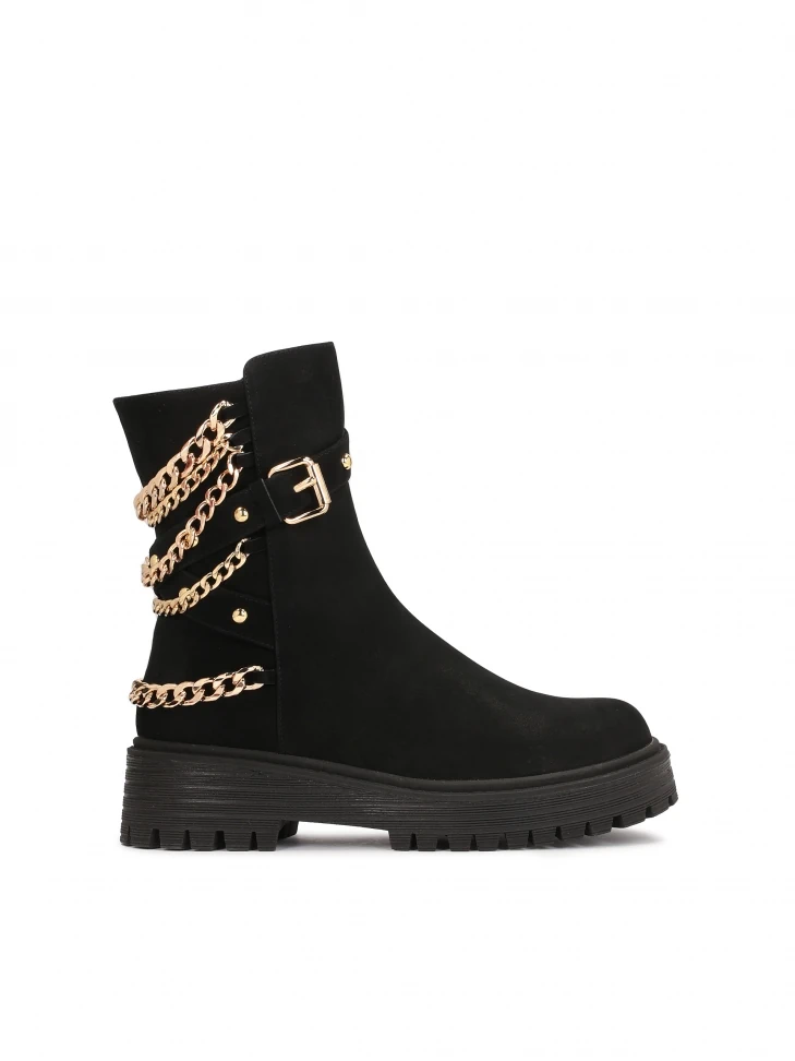 kazar Nubuck flat ankle boots with a zipper decorated with chains