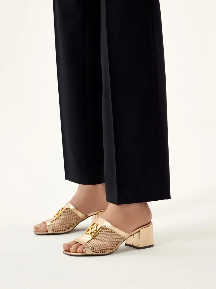 Kazar Openwork Gold Mules Decorated With A Monogram