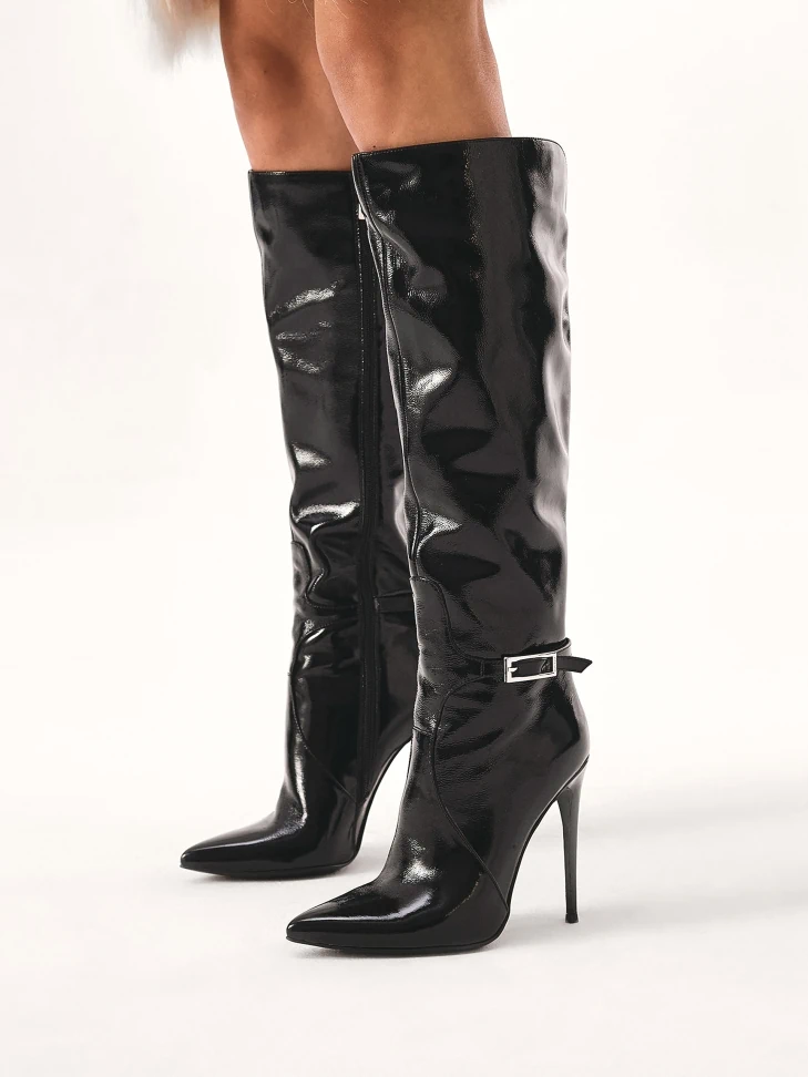 Kazar Patent Leather Stiletto Heeled Boots With Cutout Upper
