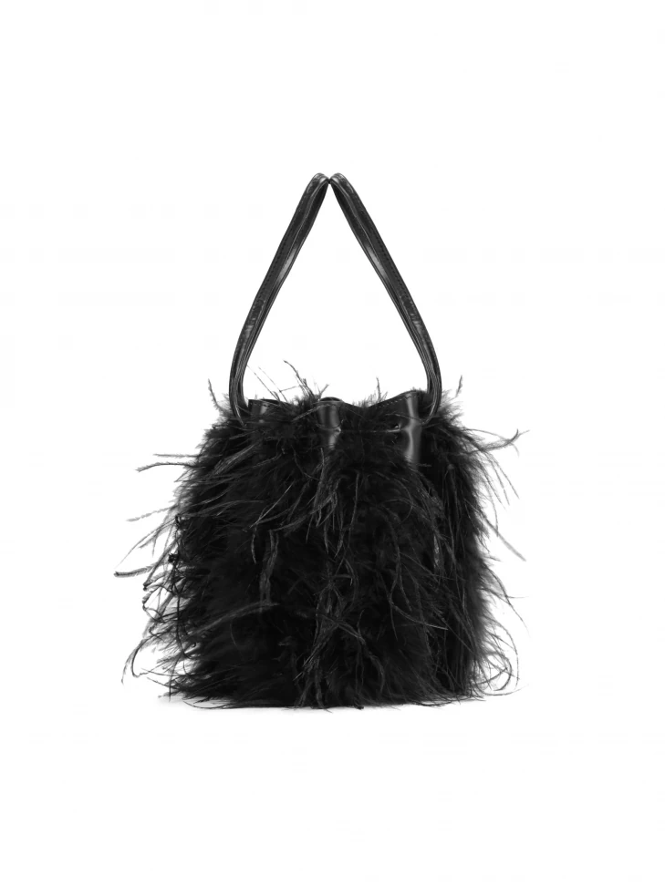 kazar Small black bag for carrying in the hand with feathers