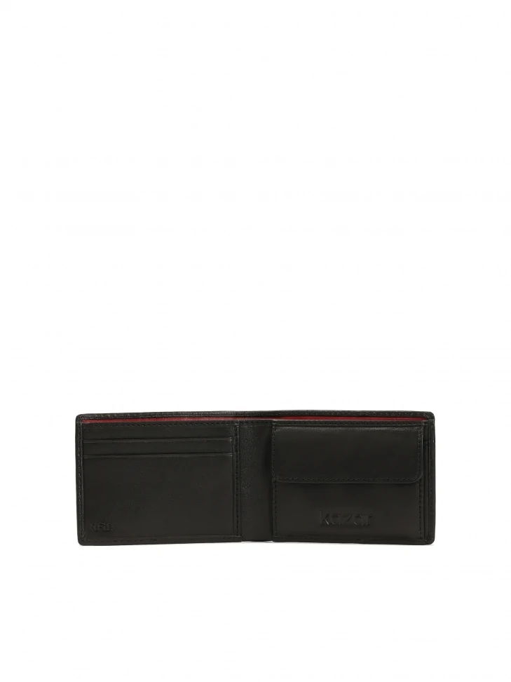 Kazar Small Black Men's Wallet Trimmed With Red Thread