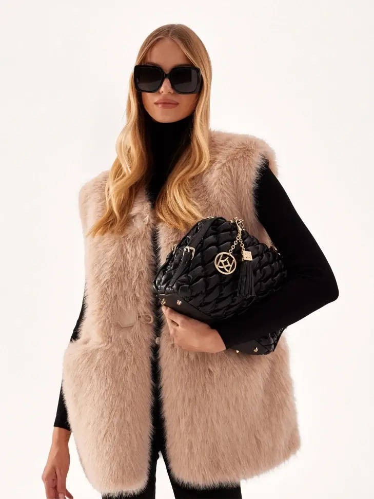 Kazar Stylish Black Handbag With Fashionable Quilting