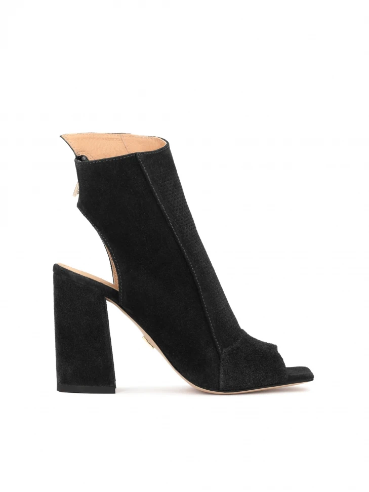 kazar Suede booties on a wide heel with an open toe and heel
