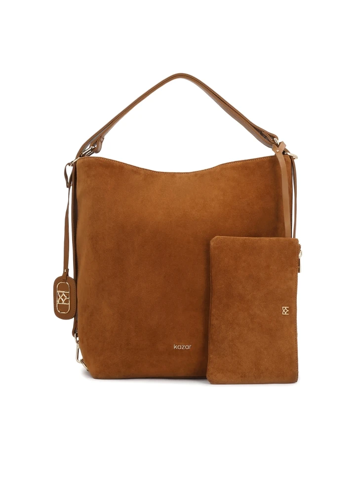 kazar Suede handbag in light brown color with hand grip