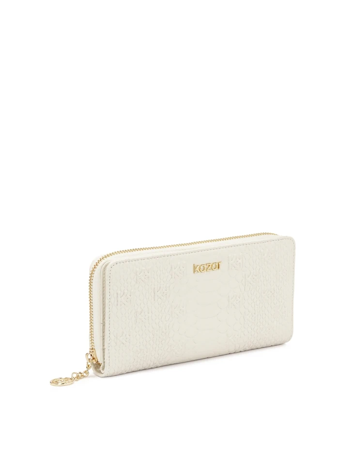 Kazar White Embossed Leather Wallet With Zipper Closure