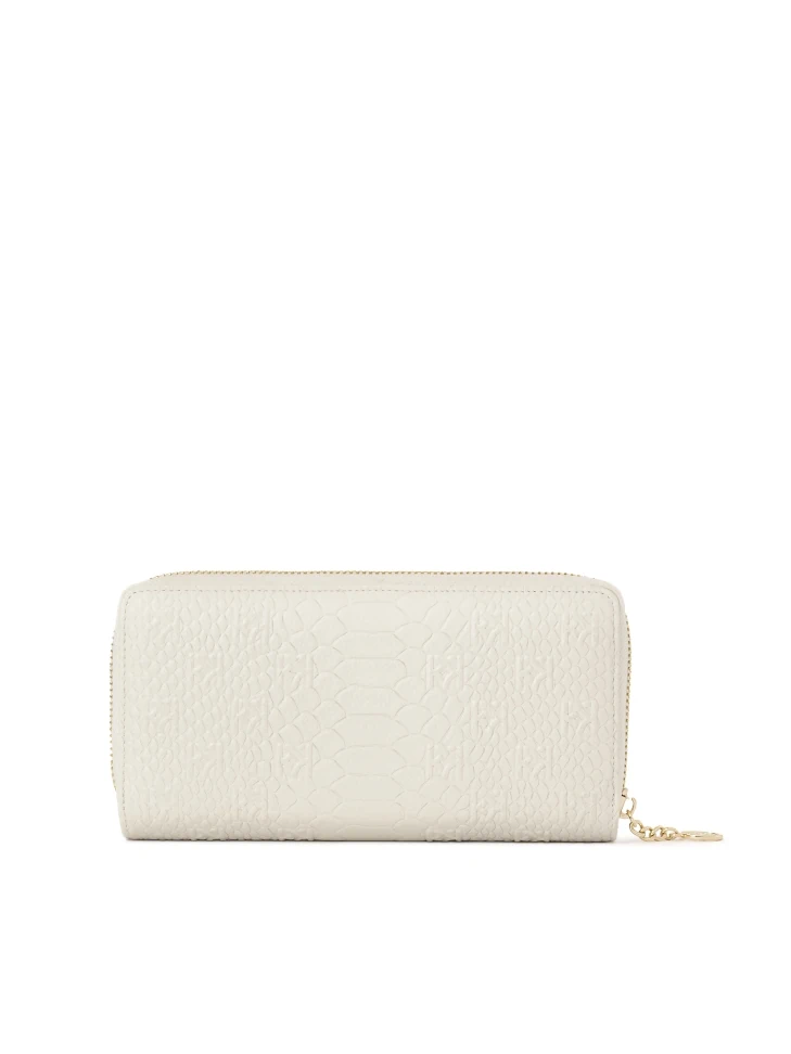 Kazar White Embossed Leather Wallet With Zipper Closure