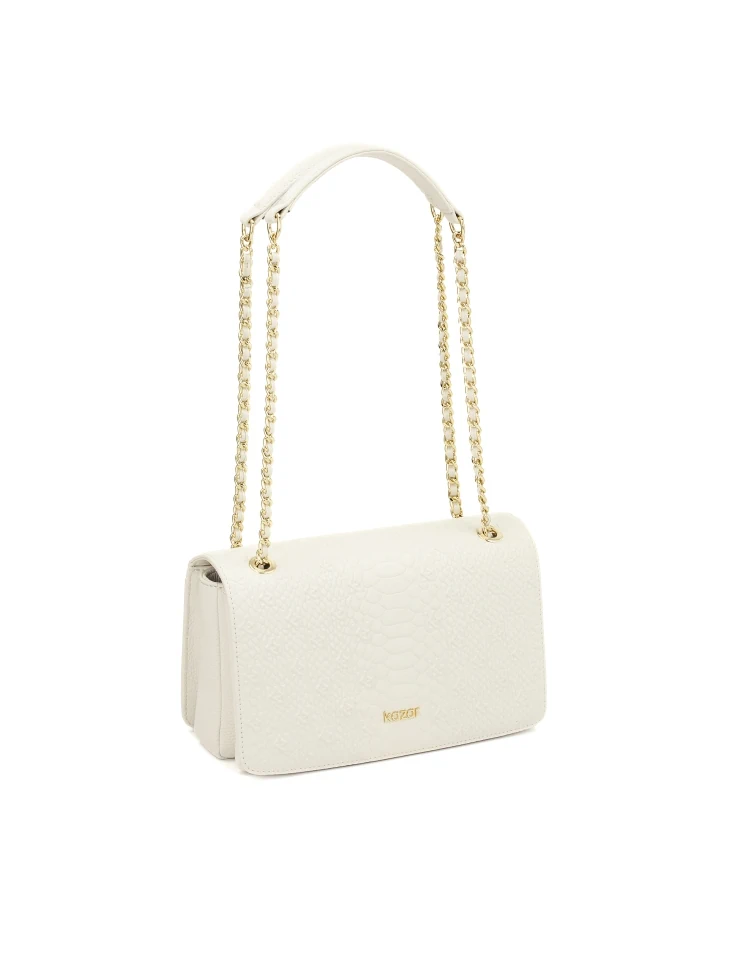 Kazar White Leather Handbag With Embossed Pattern Flap