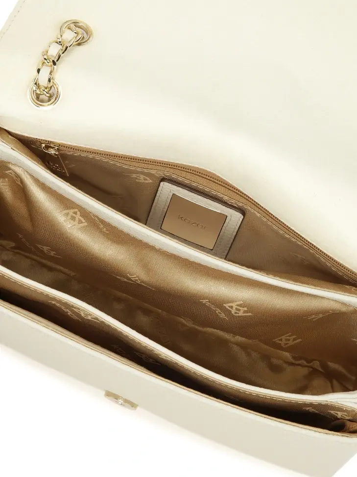 Kazar White Leather Handbag With Embossed Pattern Flap