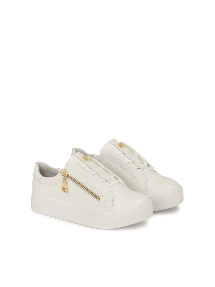Kazar White Sneakers With Embossed Pattern And Zipper Closure