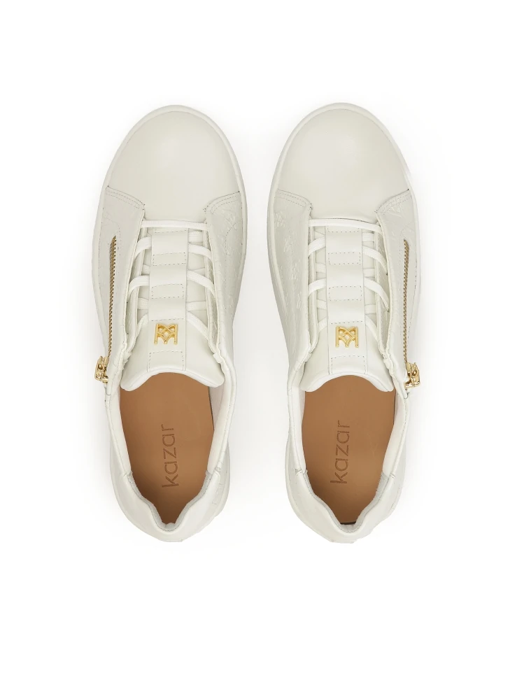 Kazar White Sneakers With Embossed Pattern And Zipper Closure