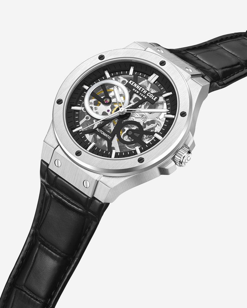 Kenneth Cole Automatic Stainless Steel Watch With Black Leather Strap