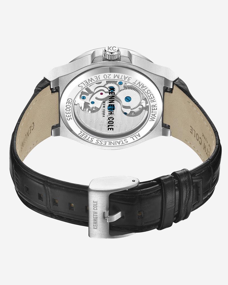 Kenneth Cole Automatic Stainless Steel Watch With Black Leather Strap