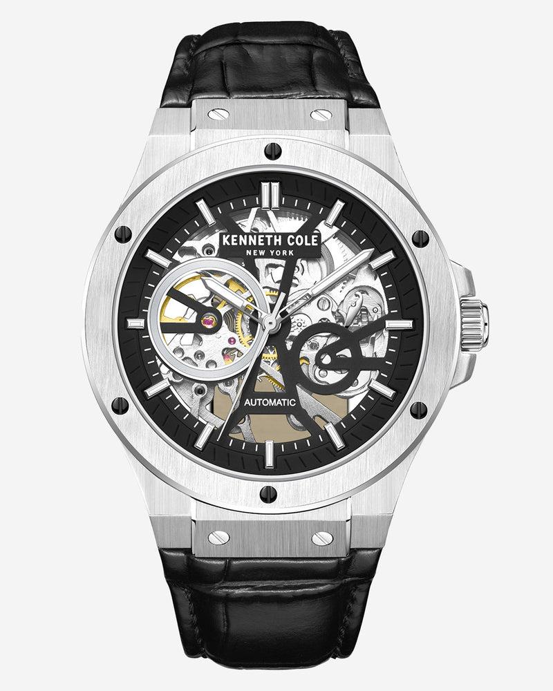 kenneth cole Automatic Stainless Steel Watch with Black Leather Strap