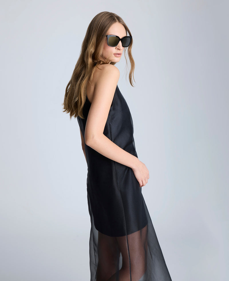 Kenneth Cole Boat Neck Mini Dress With Sheer Overlay