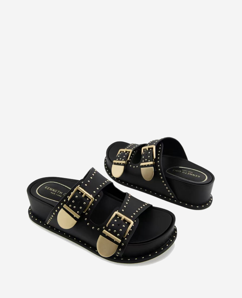Kenneth Cole Gradie Double Buckle Studded Leather Platform Slide Sandal