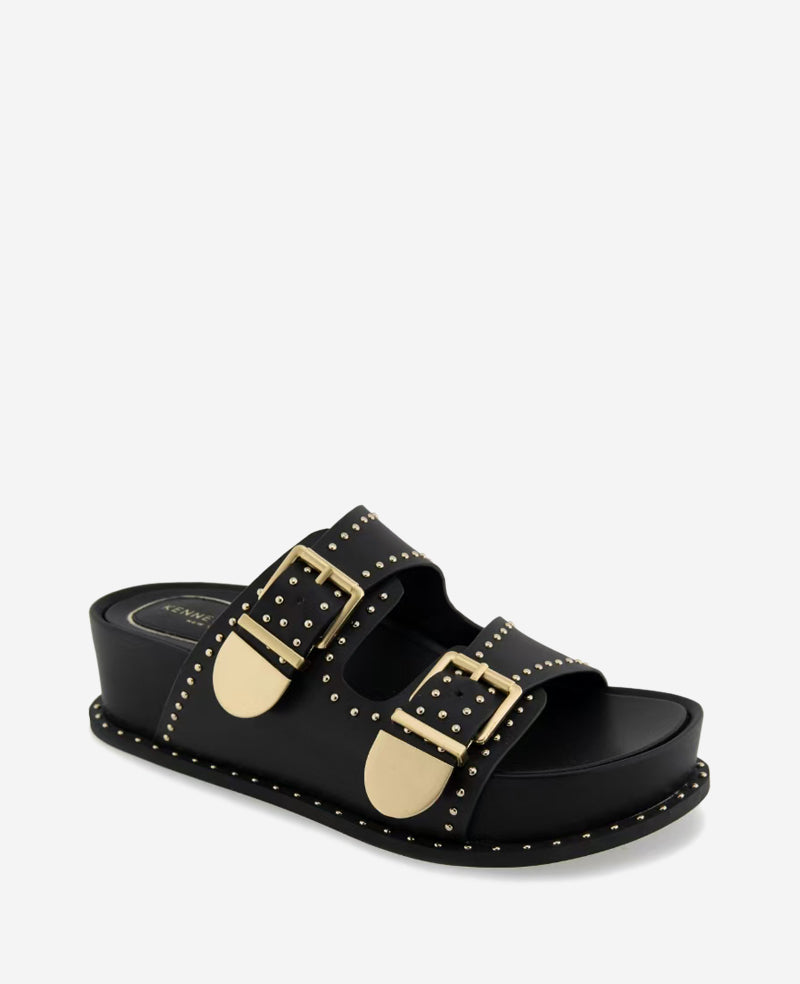 Kenneth Cole Gradie Double Buckle Studded Leather Platform Slide Sandal