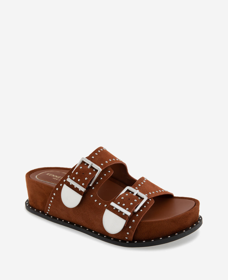 Kenneth Cole Gradie Double Buckle Studded Suede Platform Slide Sandal