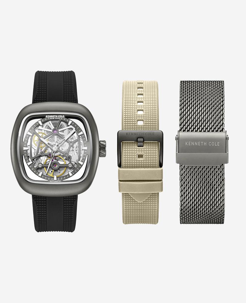 Kenneth Cole Skeleton Automatic Bracelet Watch With 3-Strap Set