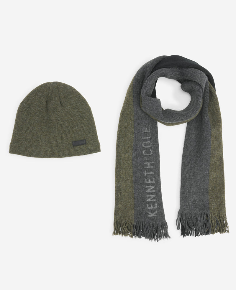 kenneth cole Striped Scarf with Sherpa-Lined Beanie Set