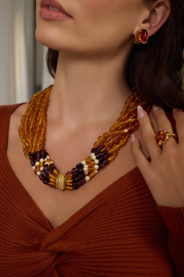 Kenneth Jay Lane Amber & Amethyst Multi-Strand Necklace