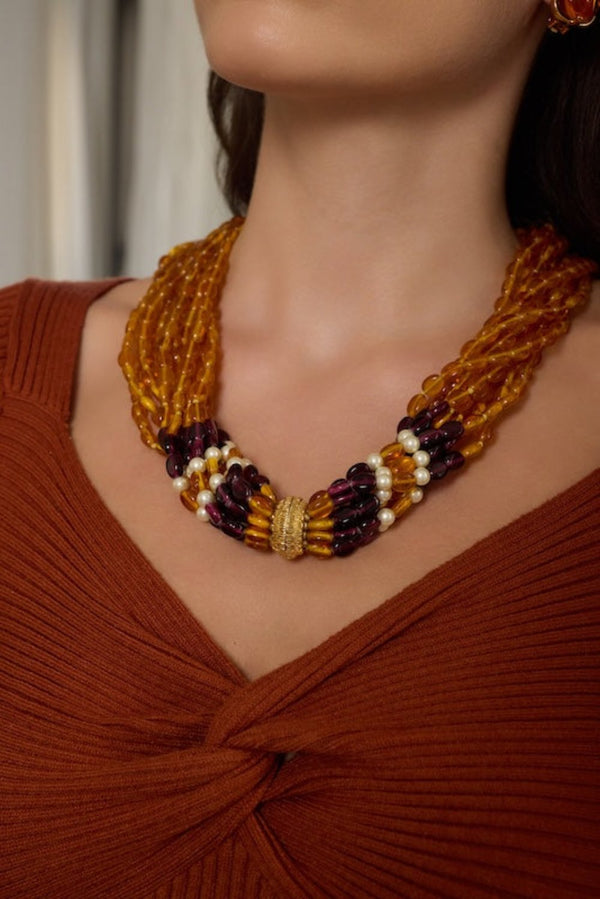 Kenneth Jay Lane Amber & Amethyst Multi-Strand Necklace