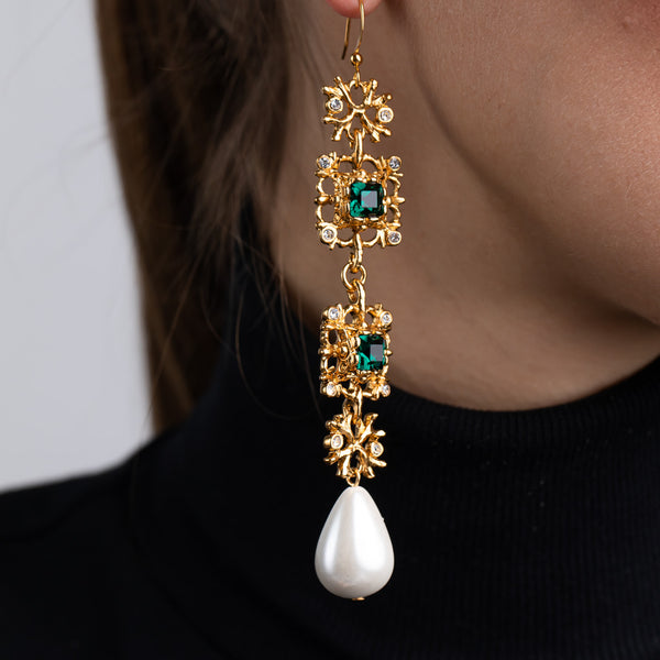 Kenneth Jay Lane Antique Gold Crystal Emerald And White Pearl Earrings