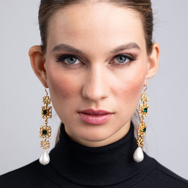 Kenneth Jay Lane Antique Gold Crystal Emerald And White Pearl Earrings