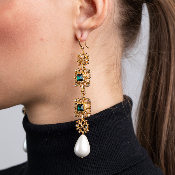 kenneth jay lane Antique Gold Crystal Emerald and White Pearl Earrings