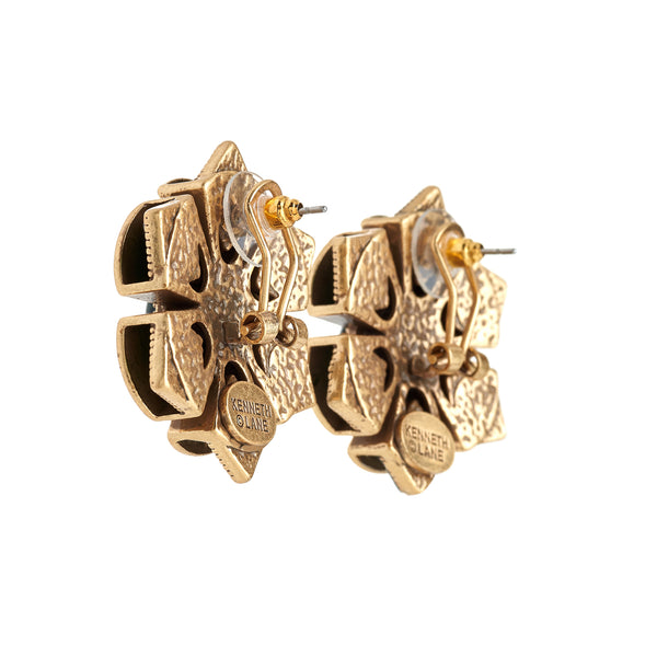 Kenneth Jay Lane Antique Gold Emerald Cabochon Earrings