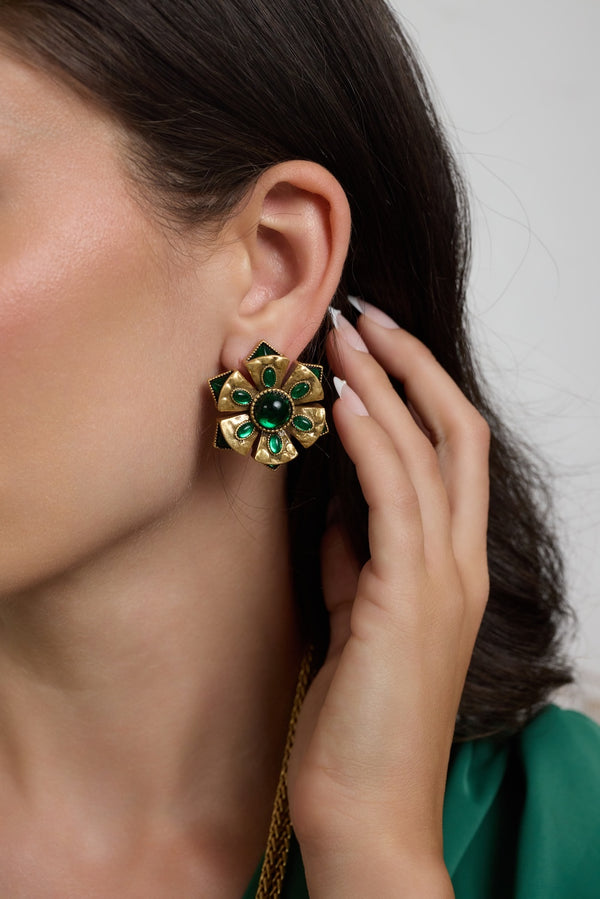 Kenneth Jay Lane Antique Gold Emerald Cabochon Earrings
