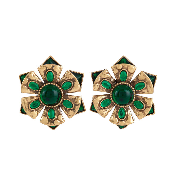 kenneth jay lane Antique Gold Emerald Cabochon Earrings