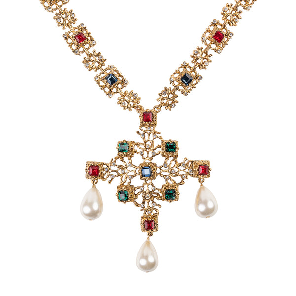 Kenneth Jay Lane Antique Gold Multicolor Drop Pendant Necklace