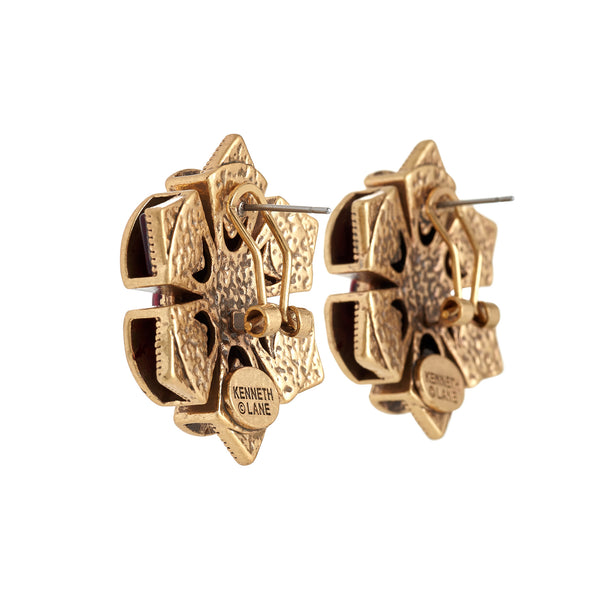 Kenneth Jay Lane Antique Gold Post Earring With Ruby Cabochon Centers