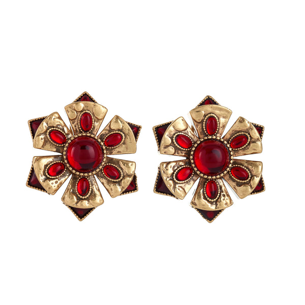 kenneth jay lane Antique Gold Post Earring with Ruby Cabochon Centers