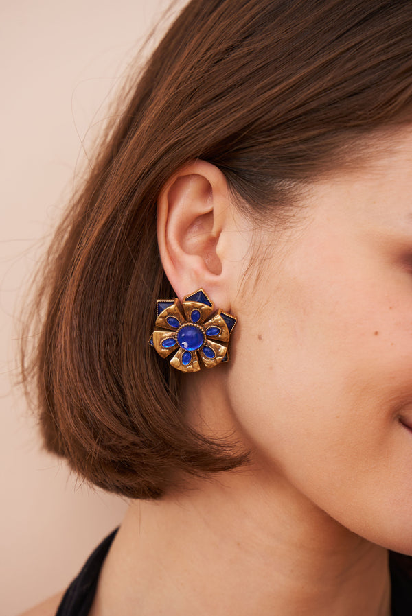 Kenneth Jay Lane Antique Gold Sapphire Cabochon Earrings