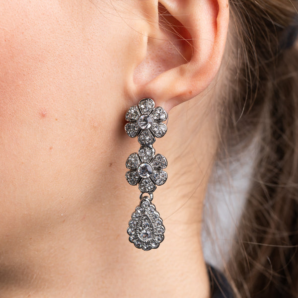 kenneth jay lane Antique Silver and Crystal Double Flower Drop Earrings