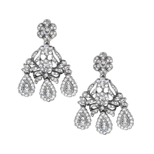 kenneth jay lane Antique Silver and Crystal Drop Clip Earrings