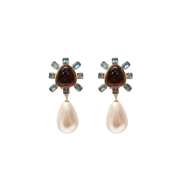 kenneth jay lane Aqua and Amethyst Pearl Drop Clip-On Earrings