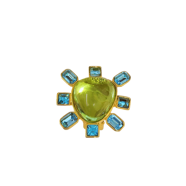 Kenneth Jay Lane Aqua And Peridot Cabochon Center Clip Earring