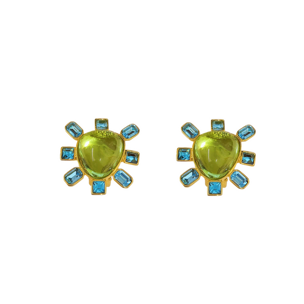 kenneth jay lane Aqua and Peridot Cabochon Center Clip Earring